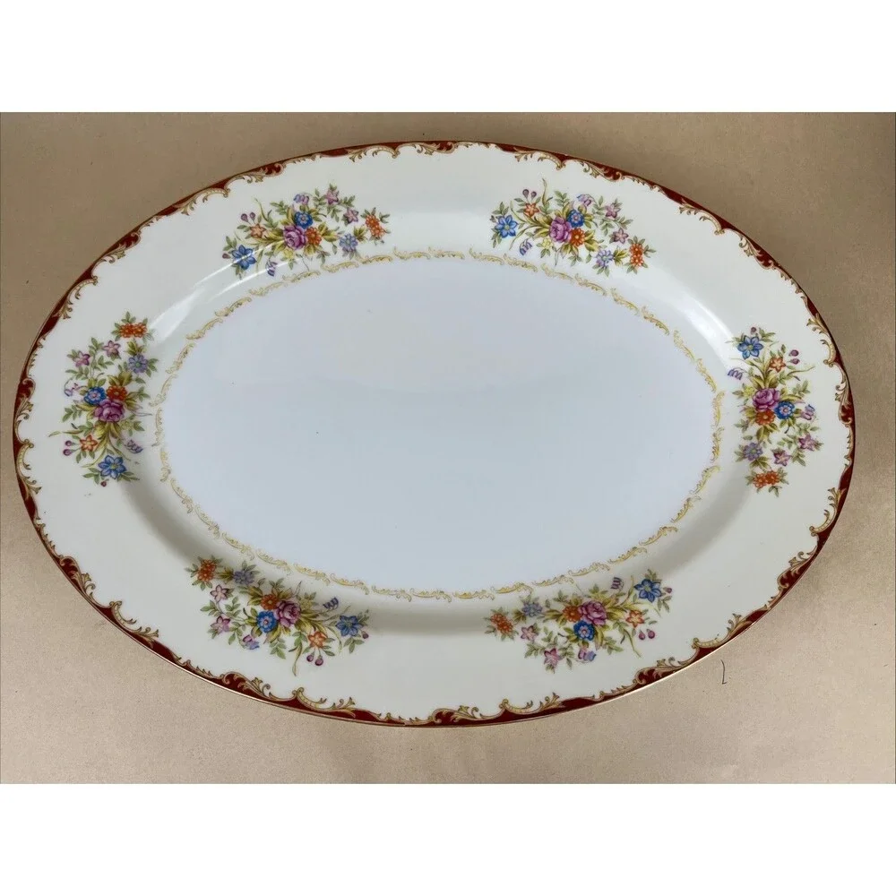 VTG Japanese T Marked Porcelain Platter 14x10.5” Floral Gold Trim Made‎ In Japan
